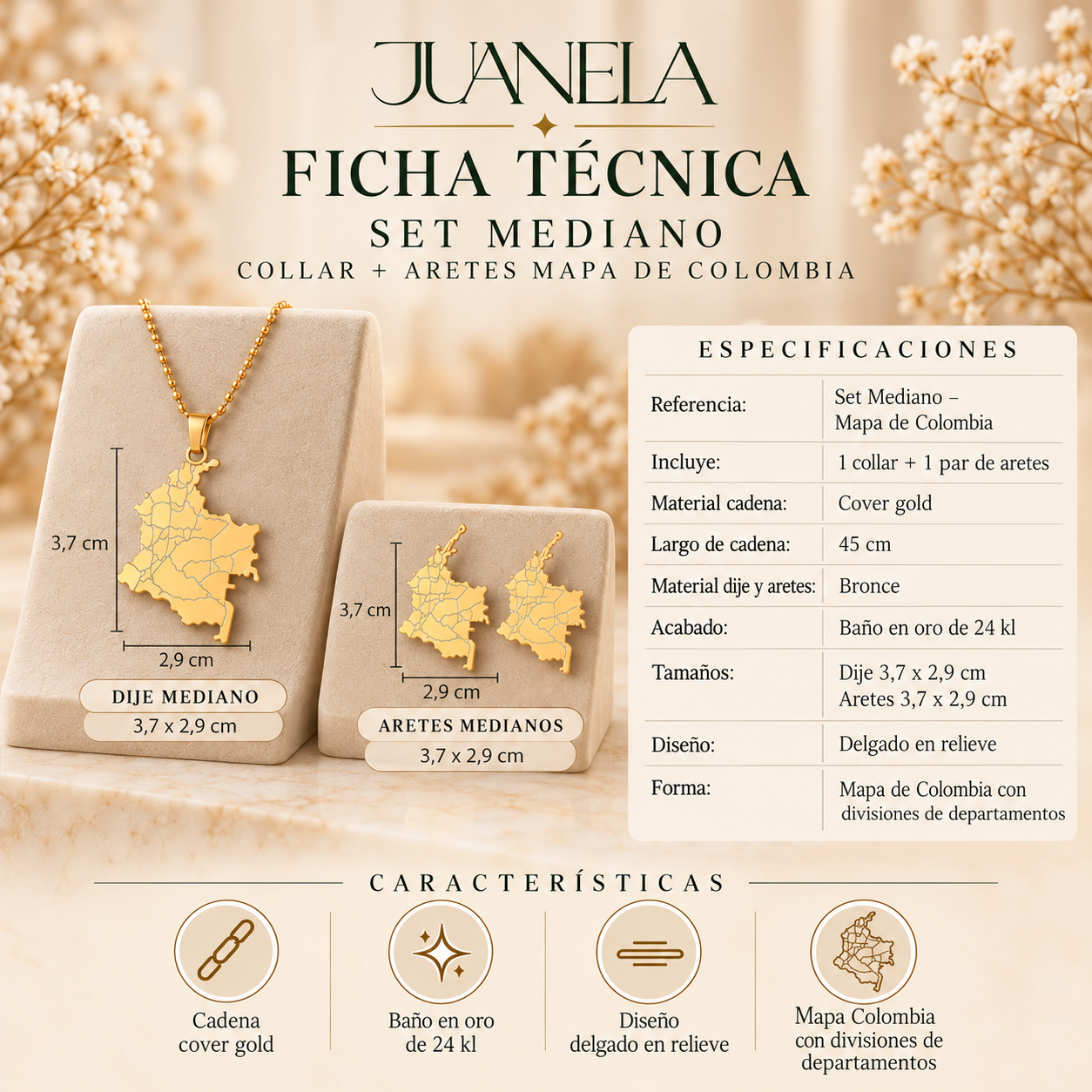 Juego Collar Mapa Colombia + Aretes Medianos - Image 3