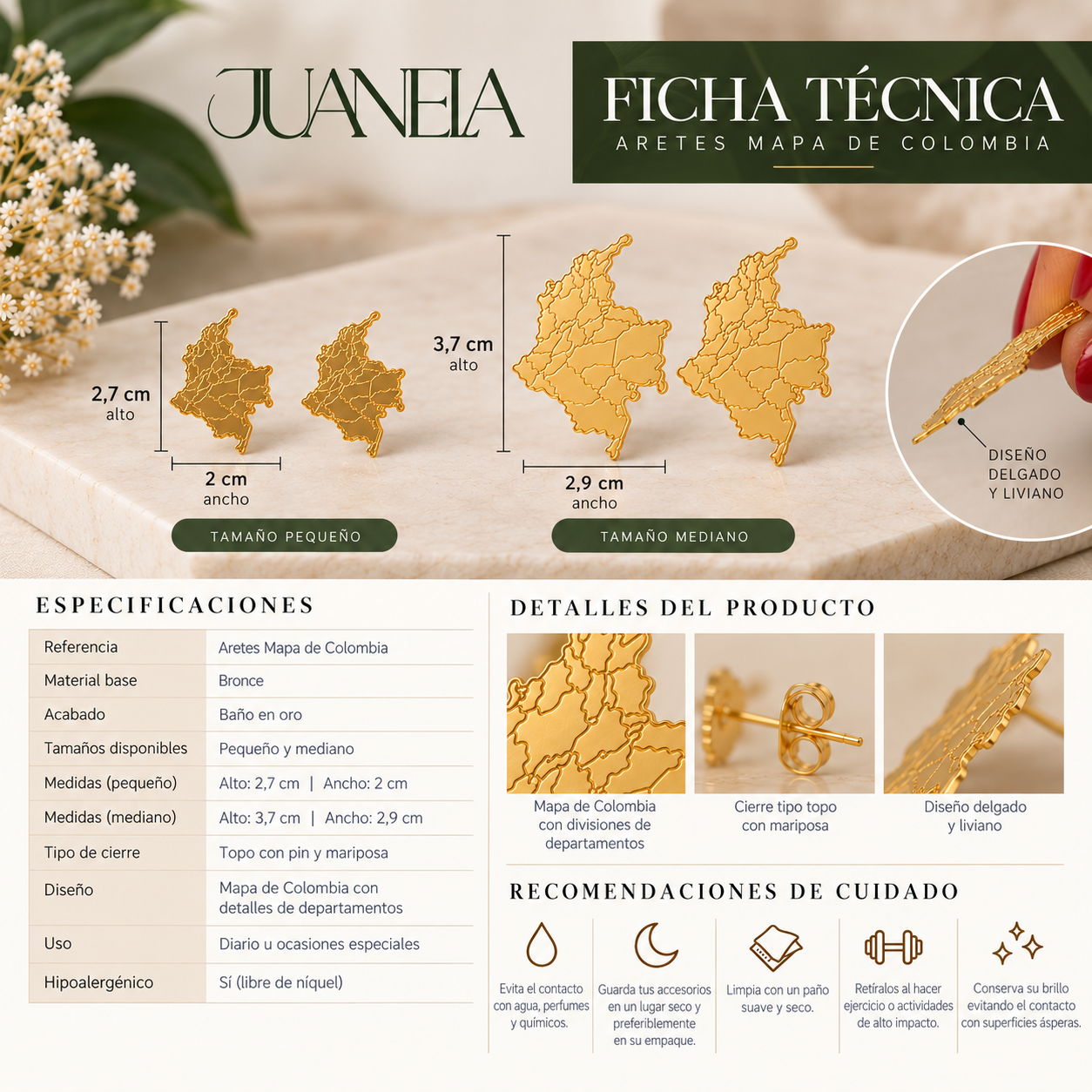 Juego Collar Mapa Colombia pequeño + Aretes pequeño - Image 3